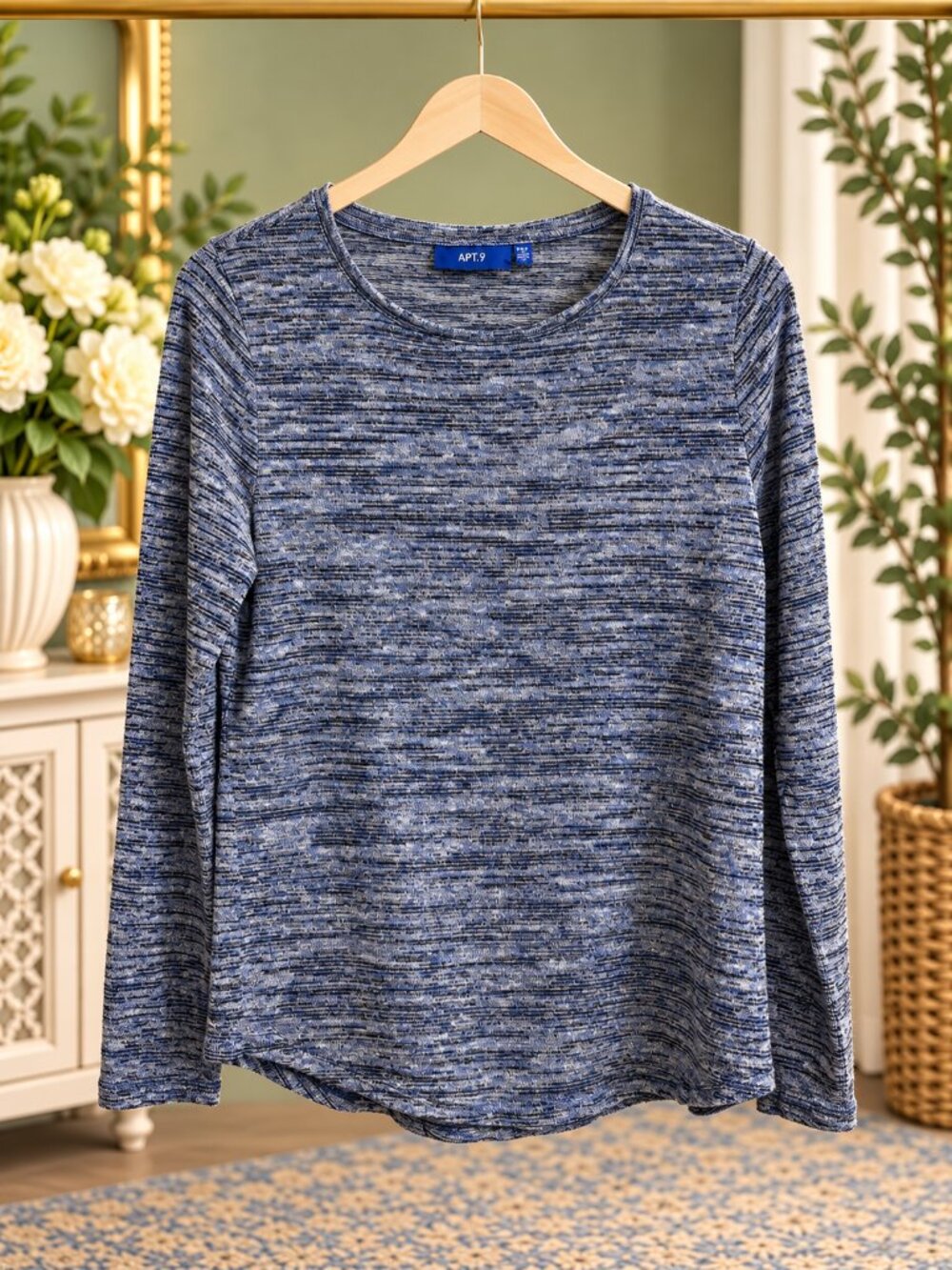 Apt. 9 Petite XS Blue Marl Space Dye Long Sleeve Knit Top Stretch